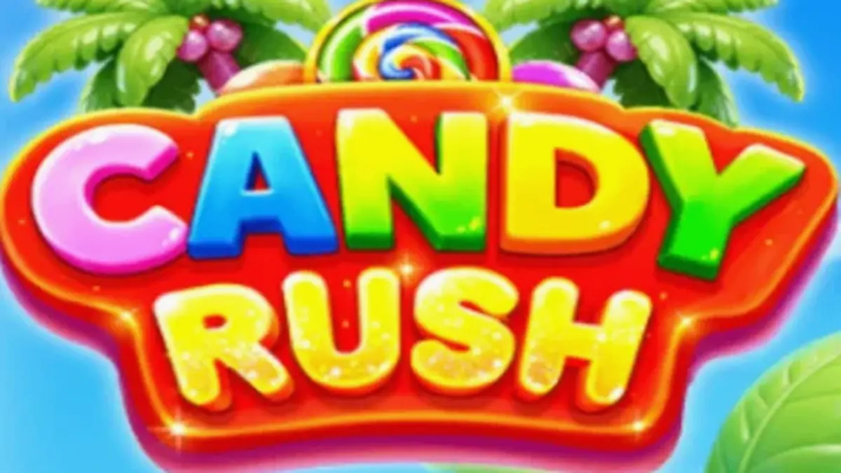Tampilan visual cerah dan penuh warna dari slot Candy Rush dengan simbol permen di grid 7x7.