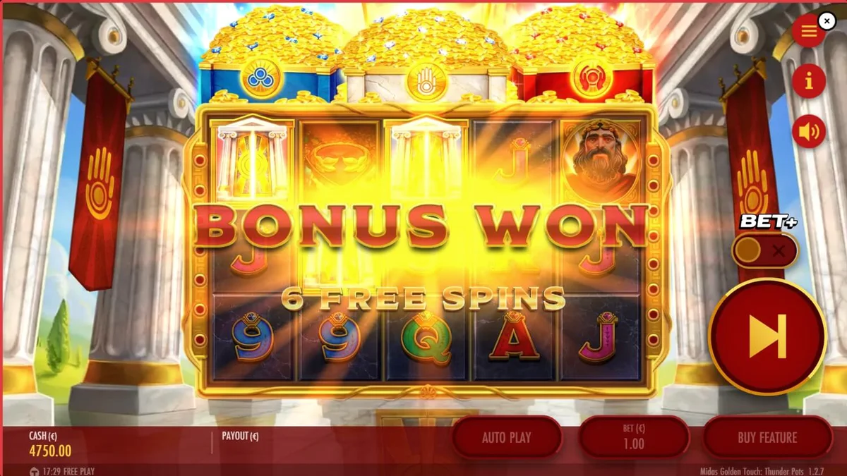 Tampilan layar permainan slot Midas Golden Touch: Thunder Pots dengan simbol emas dan peti harta karun
